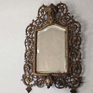 RARE Antique Bradley & Hubbard 1880 Bacchus Head Vanity Mirror Cast Iron Guilt